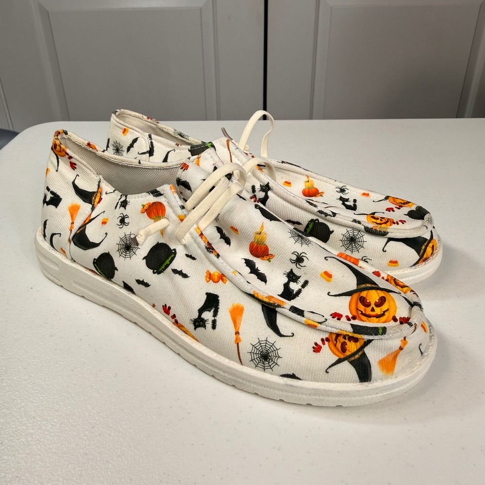 Halloween Spooky Print Canvas Loafers Jack-O-Lantern Cat Boat Shoes Size 41